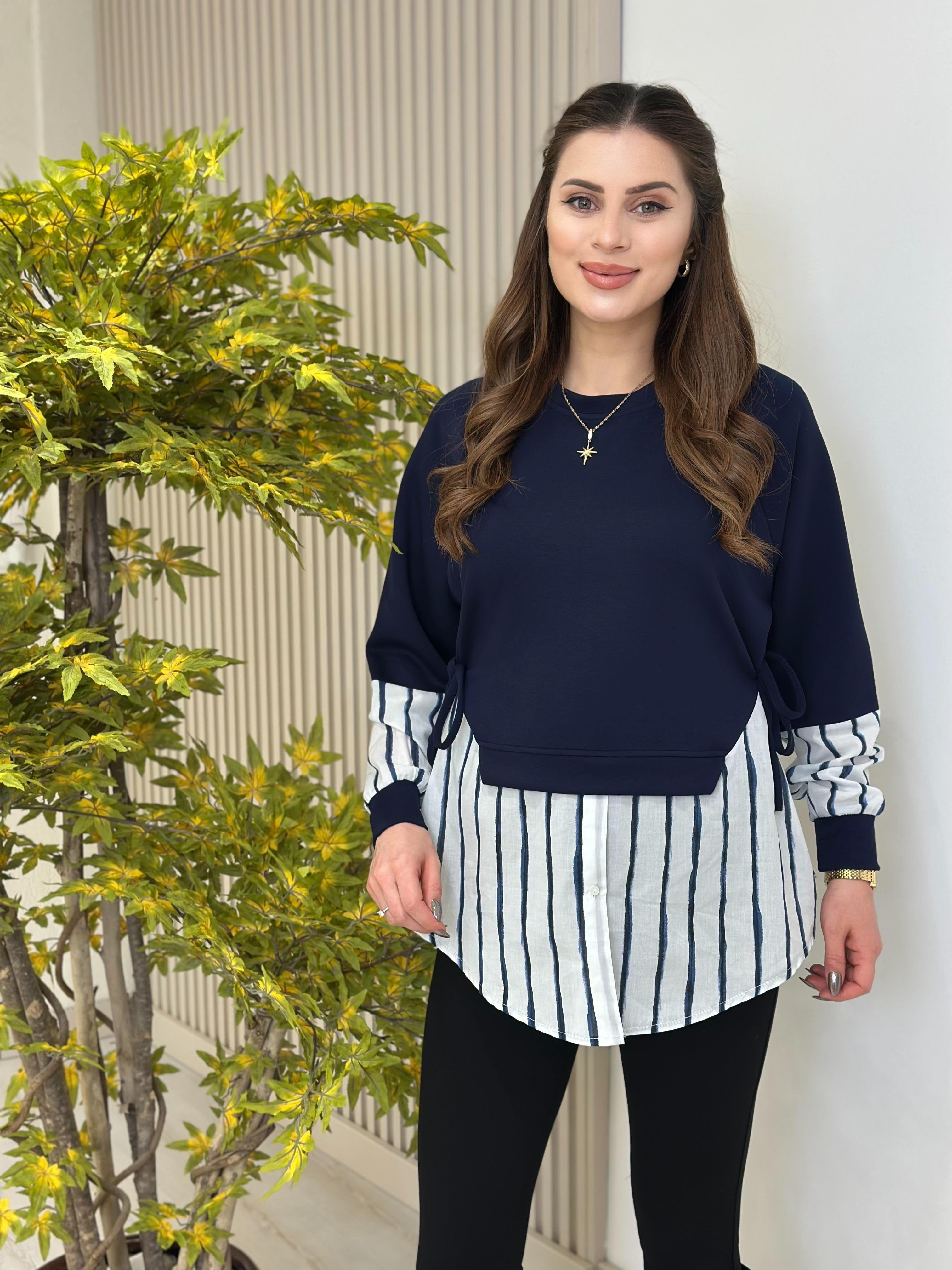 Women’s Layered Sweatshirt Top with Stripe Shirt Hem