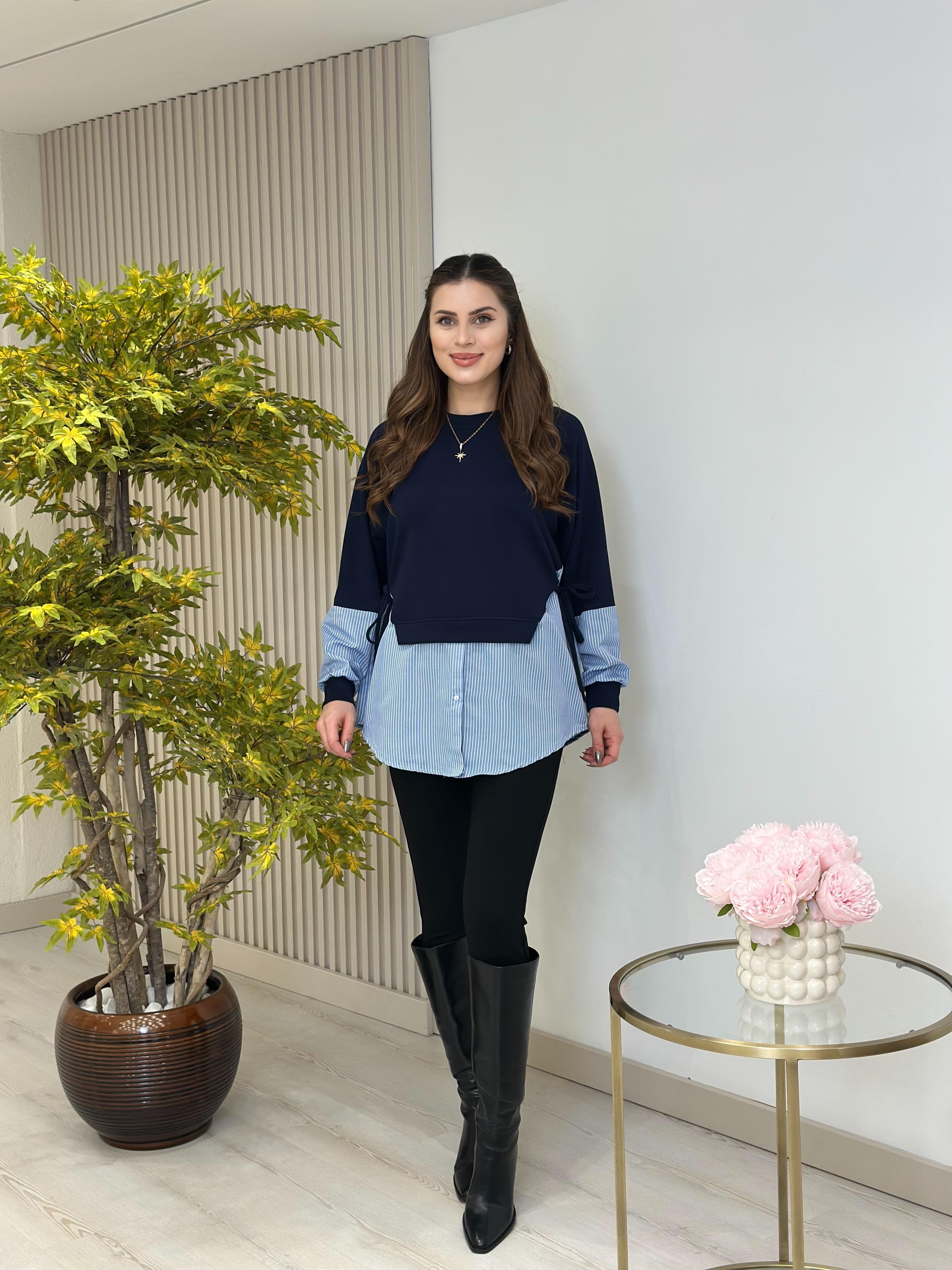 Women’s Layered Sweatshirt Top with Stripe Shirt Hem