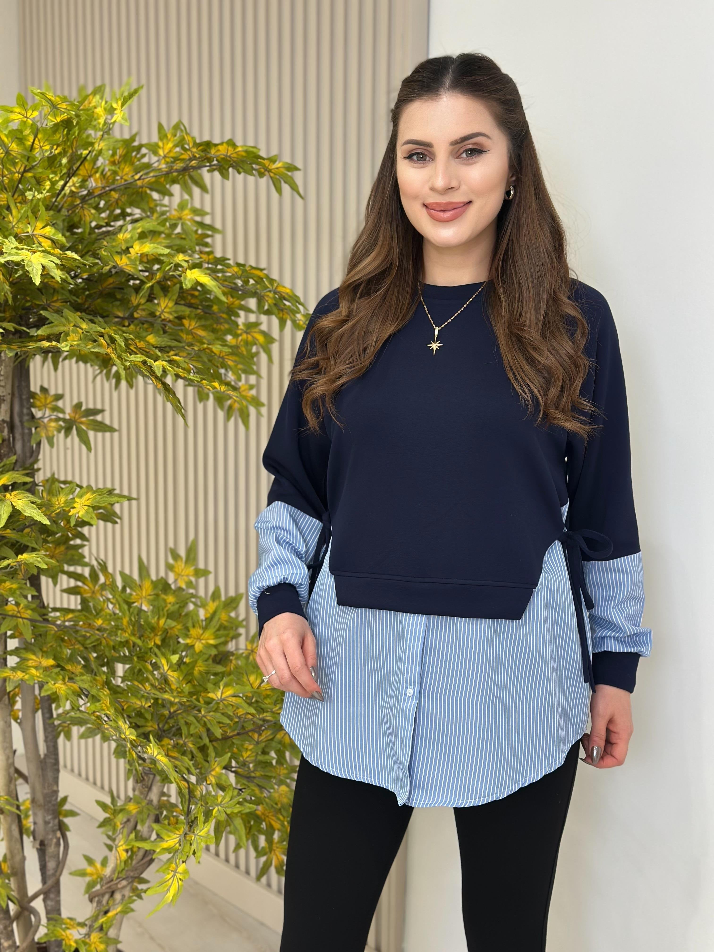 Women’s Layered Sweatshirt Top with Stripe Shirt Hem